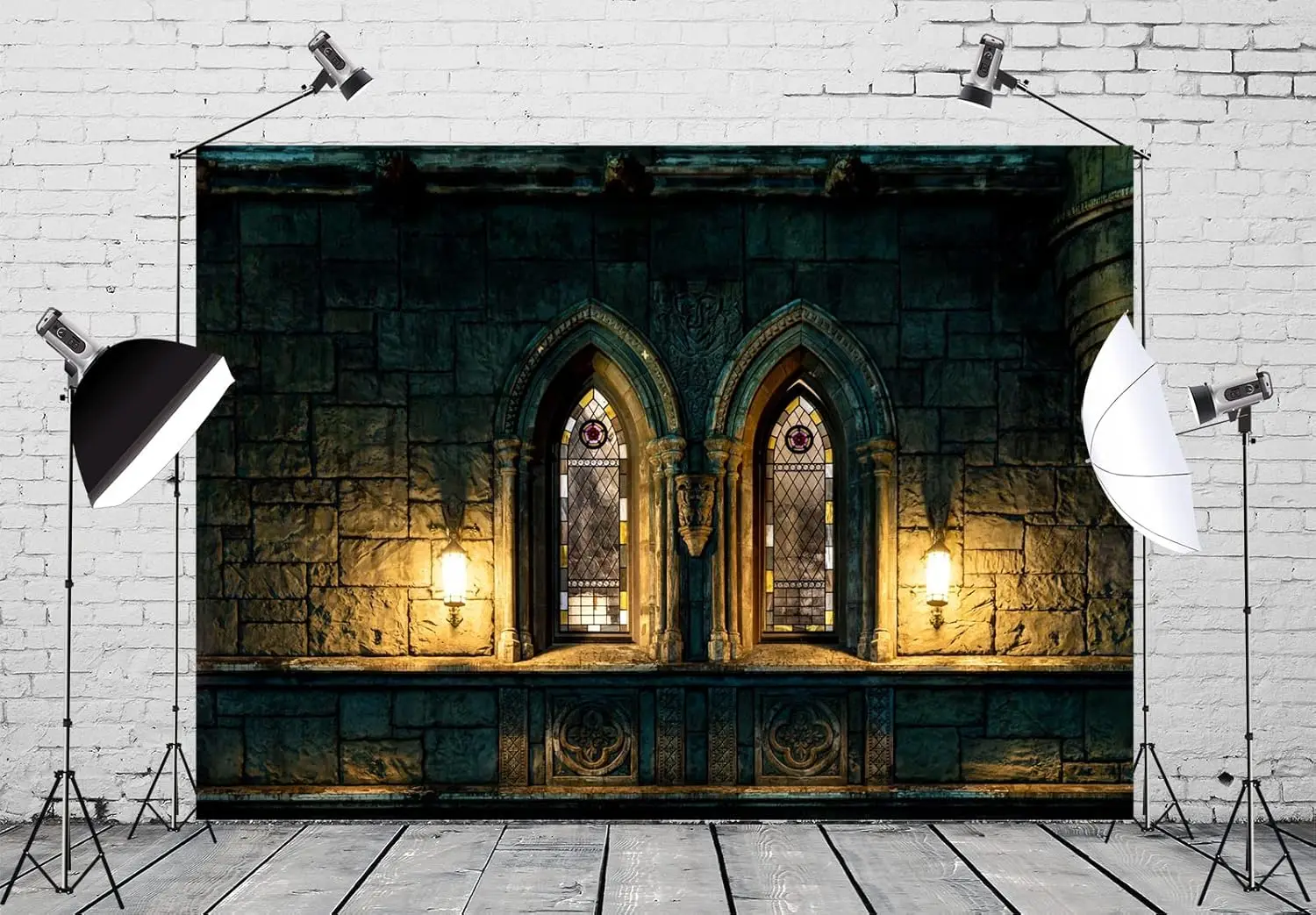 Gothic Castle Ancient Medieval Stone Castle Arched Windows Dim Light Halloween Evil Party photo background photography backdrop