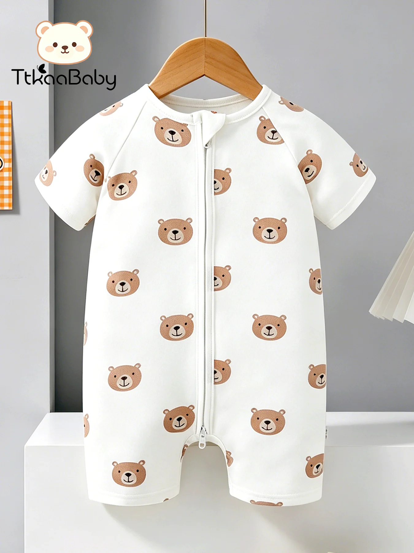 Combinaison une pièce à double fermeture éclair avec imprimé ours pour garçons de 0 à 1 an - Combinaison respirante à manches courtes pour bébé, idéale pour la maison, printemps/été