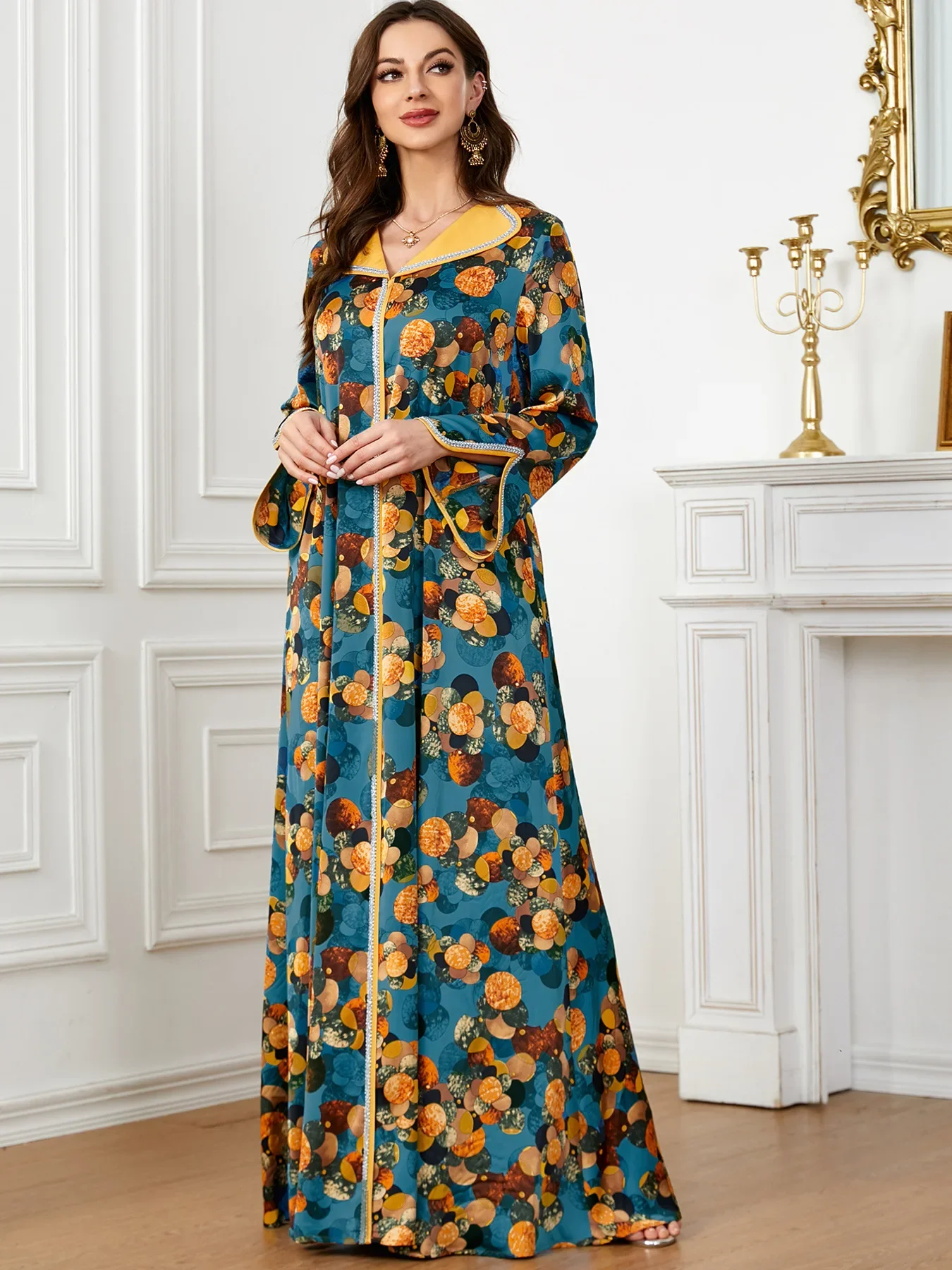 Eid abito da festa musulmano per donna Diamond Print Vestidos Largos Ramadan Abaya marocco caftano Dubai turchia Robe Jalabiya 2024