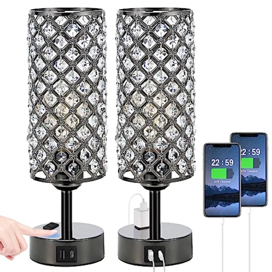 

Crystal Table Lamp Touch Control Set of 2 3-Way Crystal Lamps with USB C+A Ports and AC Outlet Dimmable Nightstand Desk Lamps M