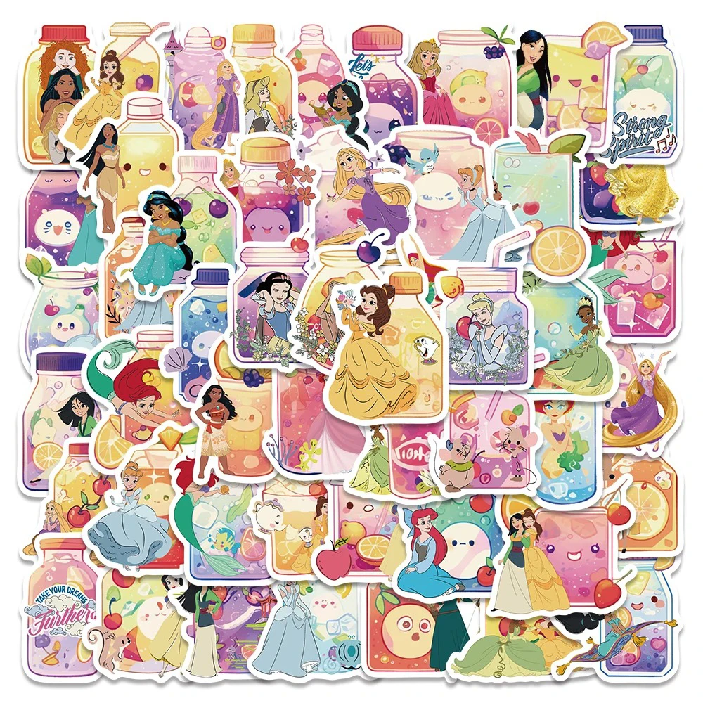 50pcs Mixed Disney Princess Cartoon Stickers Cute Belle Ariel Snow White Decals Toys DIY Luggage Stationery Kawaii Sticker Gift