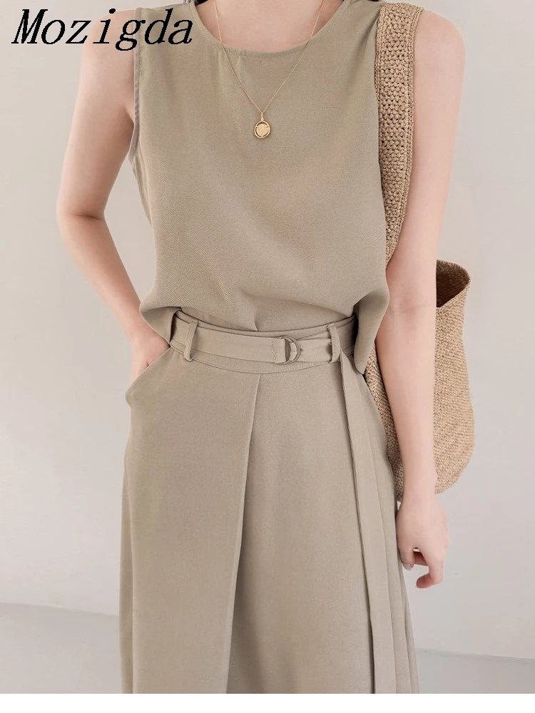 Two 2 Piece Sets Summer Korean Chic French Style Round Neck Split Sleeveless Ladies Tops Oversize Women Skirts Hem Fashion Suit