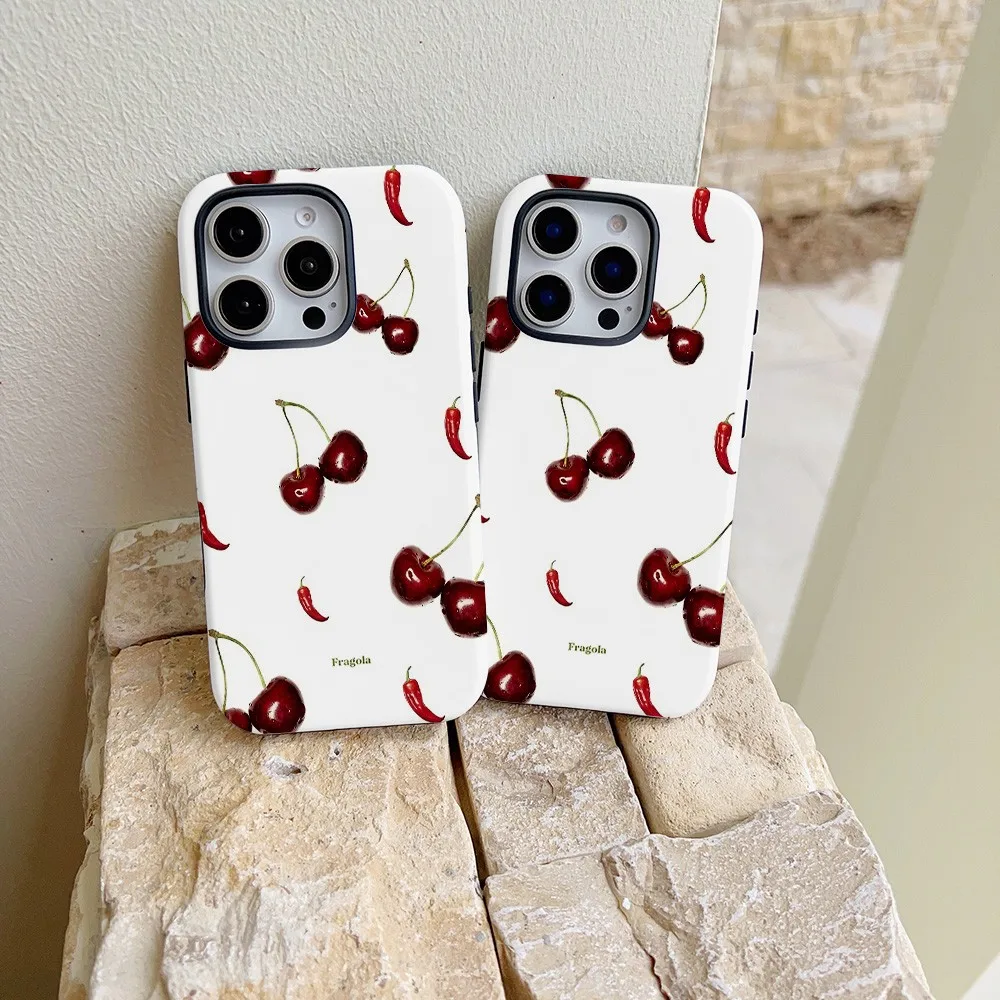 White Base Cherry Motif Phone Case for Samsung Galaxy S22 S23 S24 S25 S26 FE Plus Ultra Edge 4G 5G Luxury Double-layer