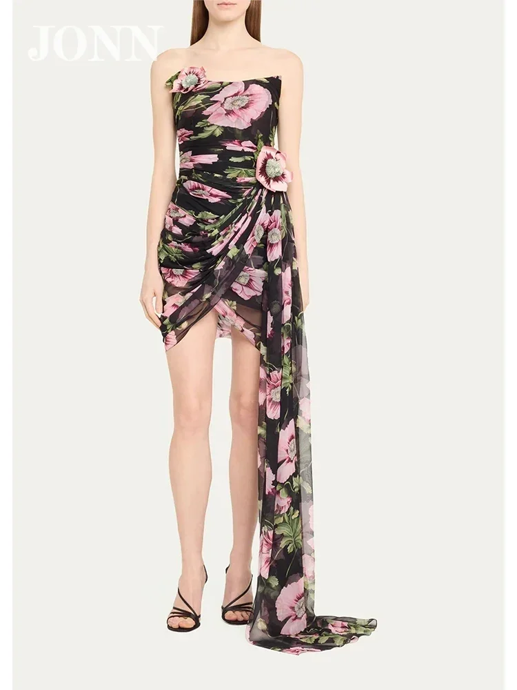 

JONN Summer Sexy Strapless 3D Floral Draped Mini Dress Women Sleeveless Backless Mesh Floral Printed Evening Party Holiday Dress