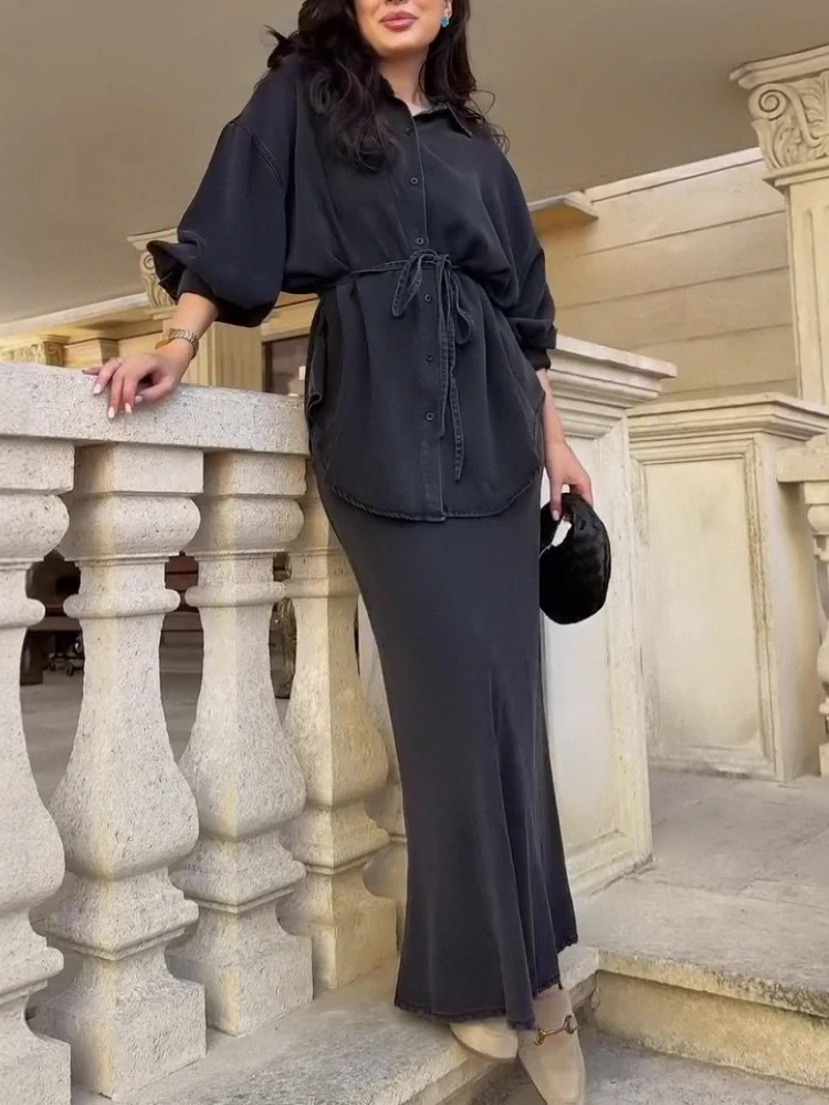 

Новая мода, свободная рубашка с длинным рукавом с отложным воротником, офисная женская юбка с высокой талией, комплект женской одежды, весна-осень 2023 г.