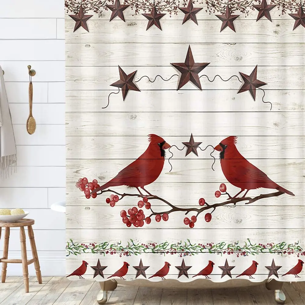 Rustic Farmhouse Christmas Shower Curtain Funny Red Cardinals with Western Texas Barn Star Fabric Country Bath Curtains Bathroom