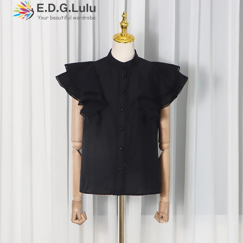 EDGLuLu Retro Vacation Single Breasted Short Sleeved Top+High Wais Asymmetrical Lace Patchwork Long Skirt White Suit 0125