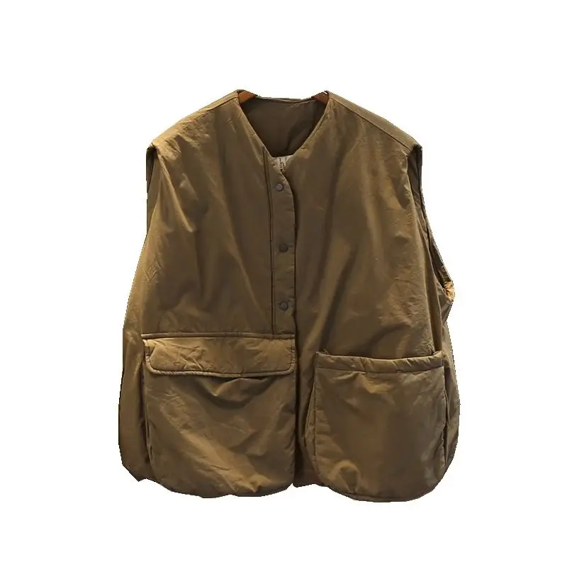 Warm Cotton Loose Casual Vest Solid Sleeveless for Women Black V Neck Crop Pocket Tanks Top Chalecos Roupas Femininas Coat