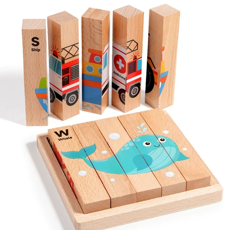 Stereoskopische Streifen-Tiertransportbausteine aus Holz, Verkehrs-Dinosaurier-Puzzle, Aufklärungsspielzeug, 4-seitiges Muster-Puzzle
