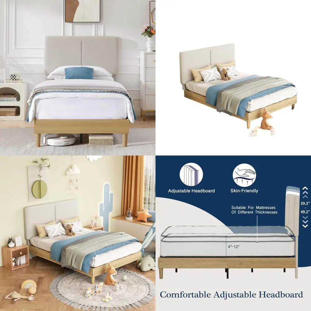 Twin Size Upholstered Platform Bed with Height-Adjustable Cotton Linen Slat Support, Heavy Duty, Noise-Free, Easy Assembly, Beig
