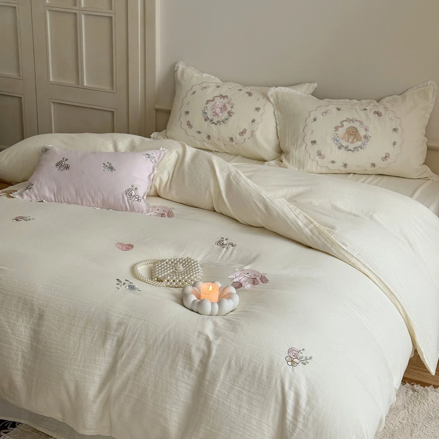100% Cotton Zhouzhou Gauze Embroidered Bedding Set King Breathable Queen Duvet Cover Set with Bed Sheets Quilt Cover Pillowcases