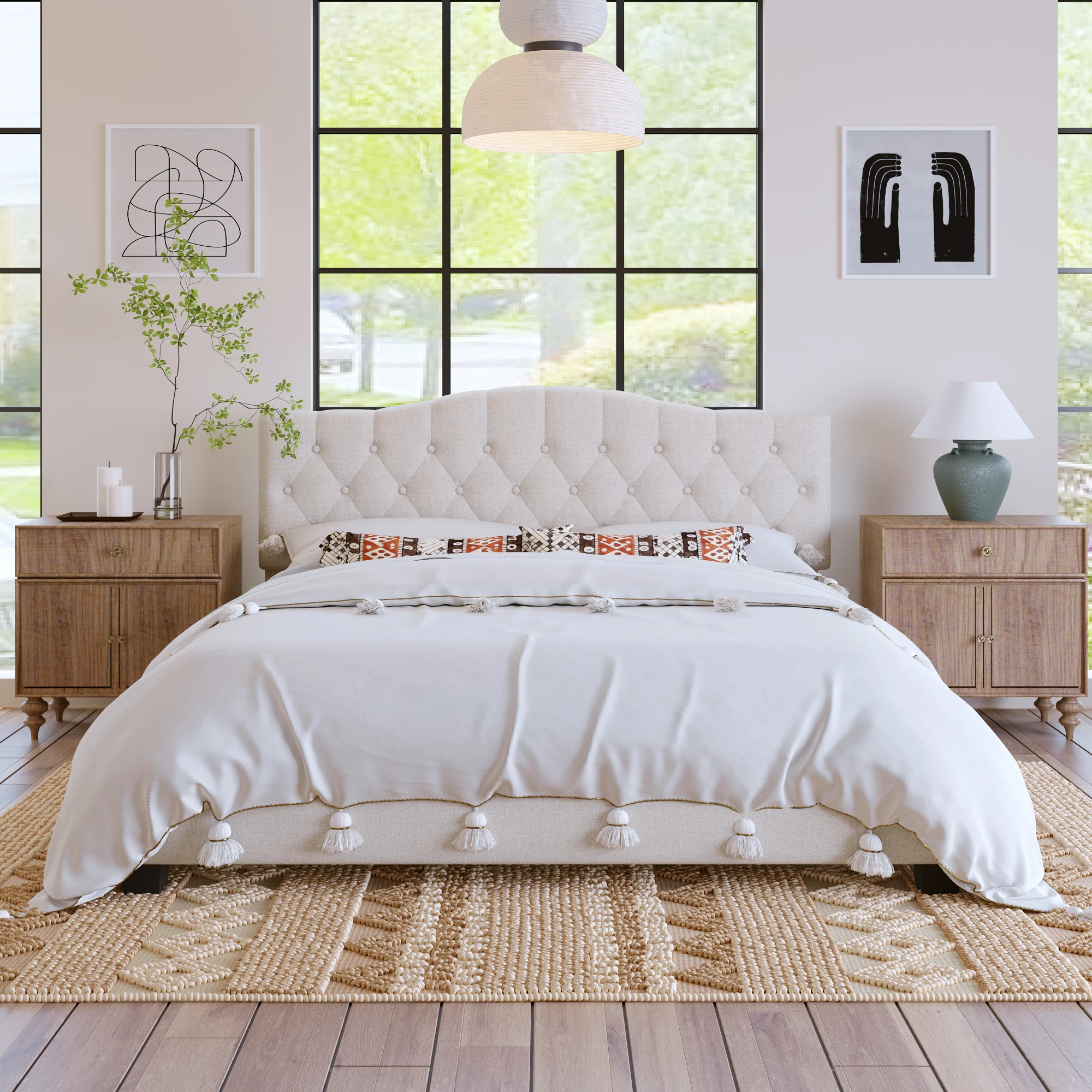 

Upholstered Platform Bed with Saddle Curved Headboard and Diamond Tufted Details, King, Beige 84.25x79.10x46.50 in.
