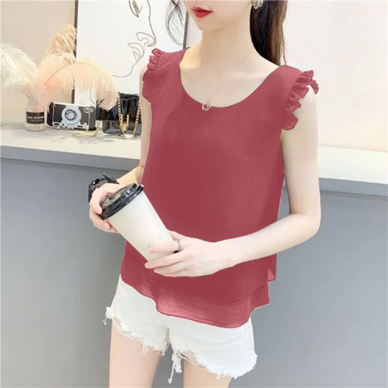 Korean Style Women Chiffon Blouse Shirts Solid Color Sleeveless Female Vest Basic Tops