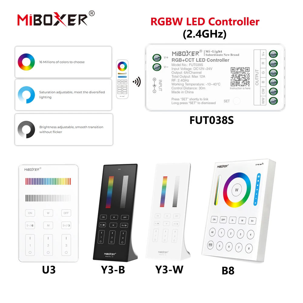 

MiBoxer DC12~24V FUT038S+Y3/B8/U3 2.4GHzRF Wireless RGBW 6A/Ch 16 Millions of colors to choose LED Controller For COB/Led Strip