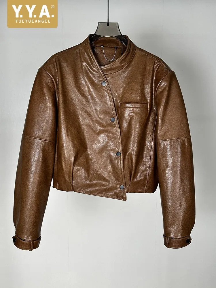 Leisure Asymmetric Single Breasted Genuine Leather Jacket Office Ladies Sheepskin Coat Loose Round Neck Long Sleeves Outwear
