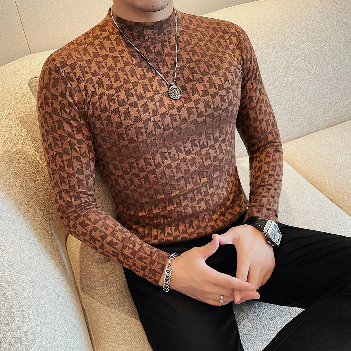 

Jacquard Half-high Neck Long-sleeved T-shirt Men's Spring and Autumn New Trendy and Fashionable Slim Mid-neck Versatile Pullover