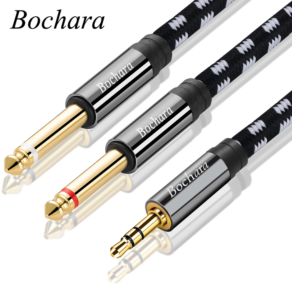 Bochara Pleciony pozłacany kabel audio 3,5 mm Stereo TRS do podwójnego kabla audio 6,5 mm TS OFC Folia + pleciony ekranowany 1,5 m