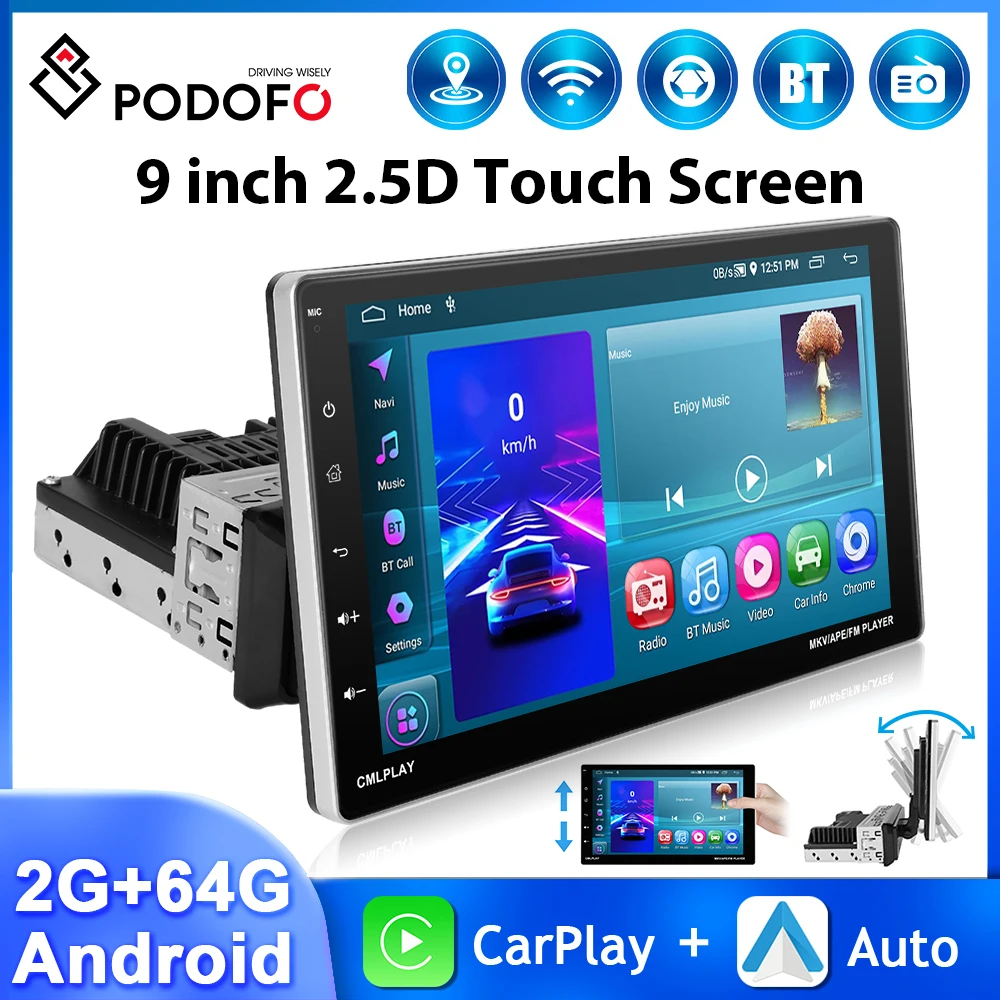 

Podofo 9'' 1Din Car Radio 2+64G Multimedia Video Player Rear View Camera Carplay Android Auto WIFI Bluetooth GPS Navigation