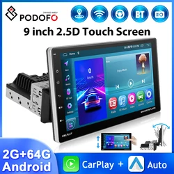 Podofo 9'' 1Din Car Radio 2+64G Multimedia Video Player Rear View Camera Carplay Android Auto WIFI Bluetooth GPS Navigation