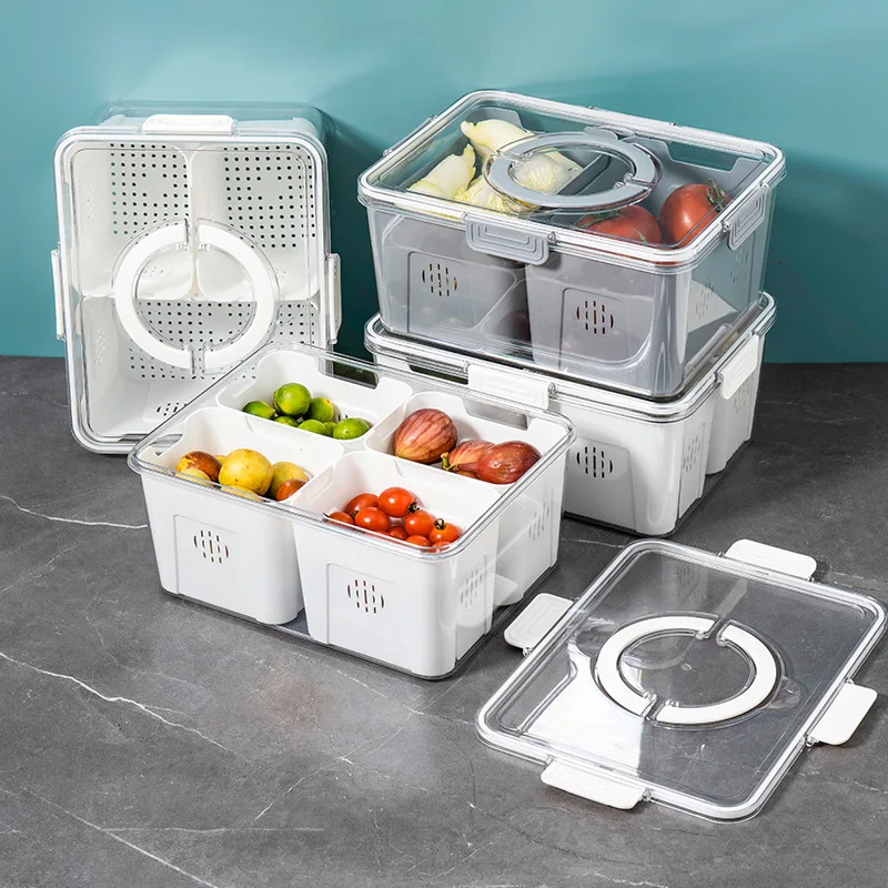 

Food Storage Box Refrigerator Kitchen Fruit and Vegetable Drain Box Transparent Compartment Fresh-keeping Portable Storage Box