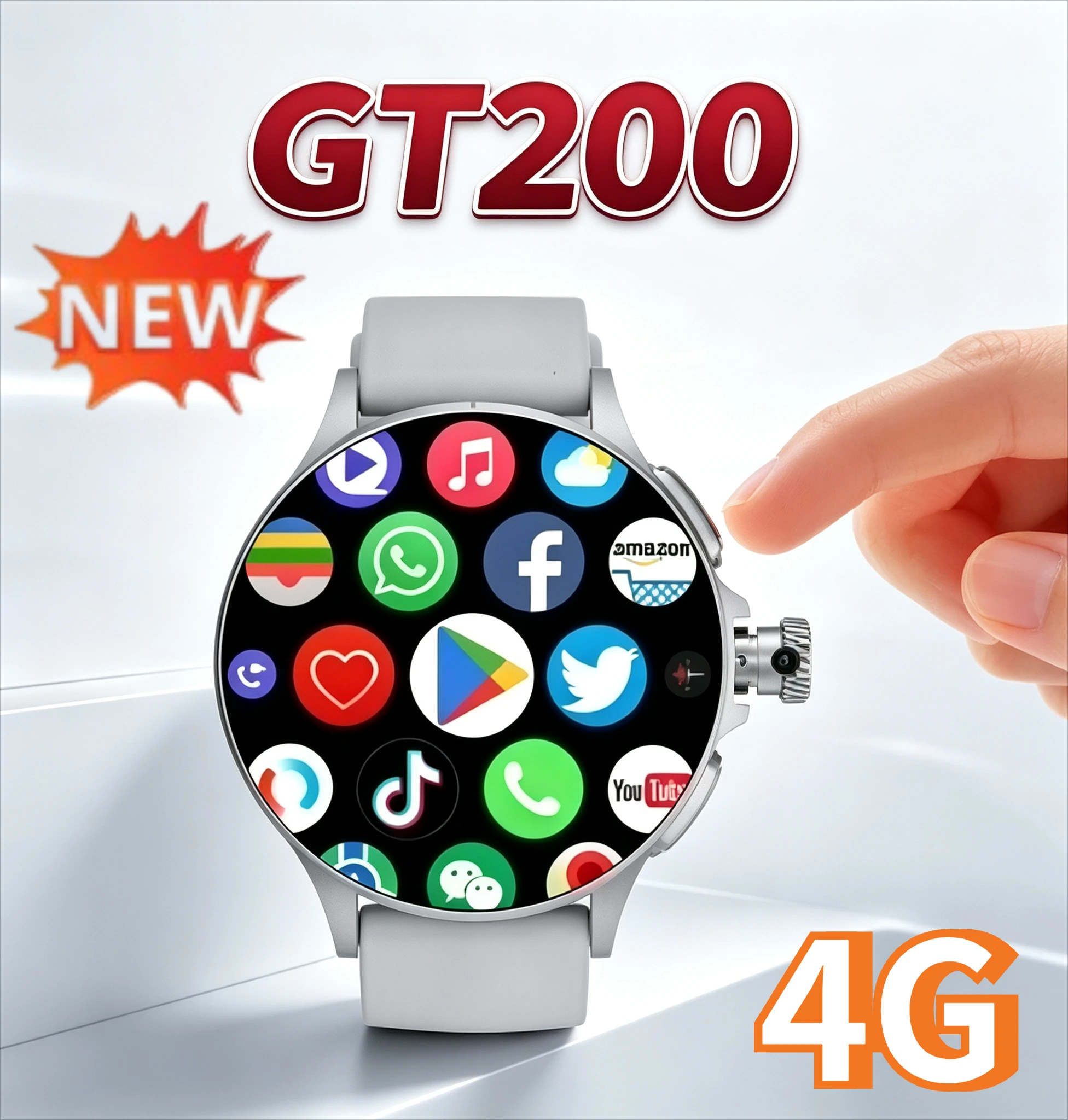 Montre connectée Android GT200 2026, écran AMOLED 1,95 pouces, résolution 750*750, 4 Go + 64 Go, GPS, WIFI, appels vidéo, caméra 8 MP, montre connectée 4G SIM