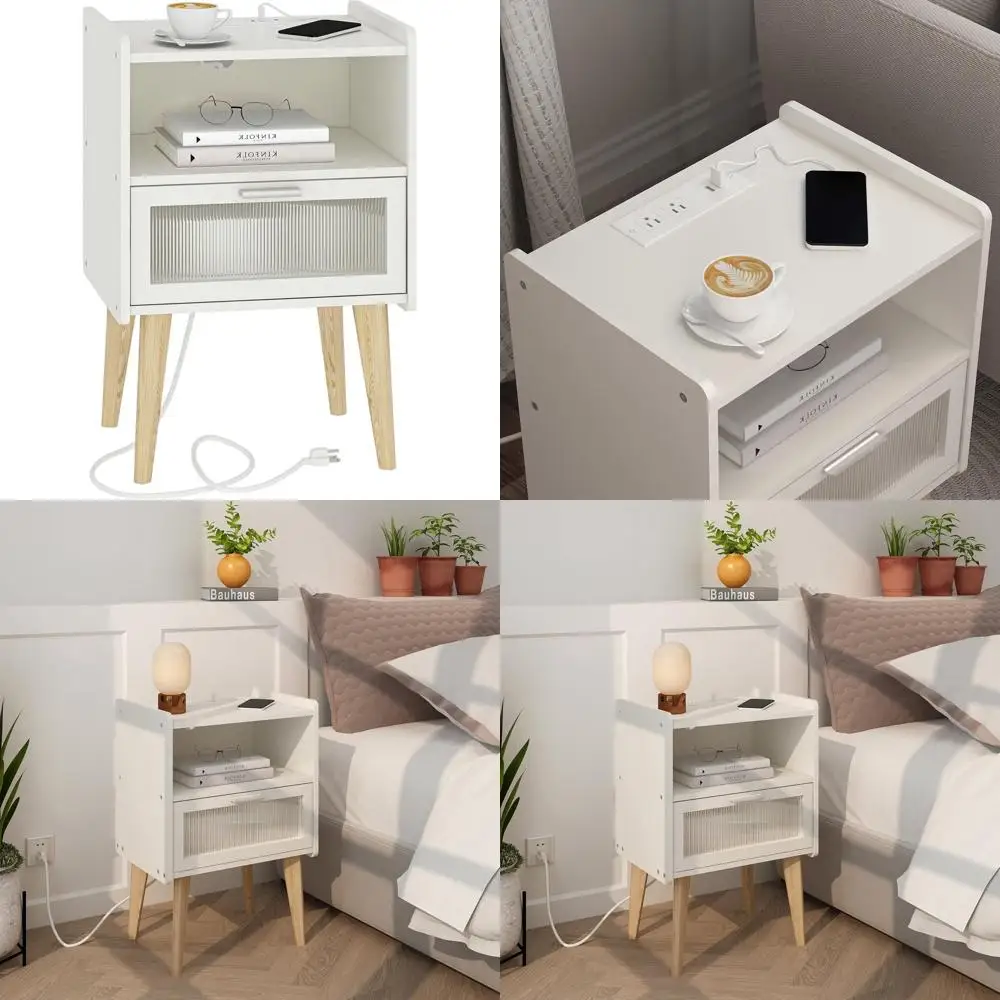 

White Bedroom & Living Room Nightstand with Charging Station, 2-Tier Glass Decor End Table with Storage