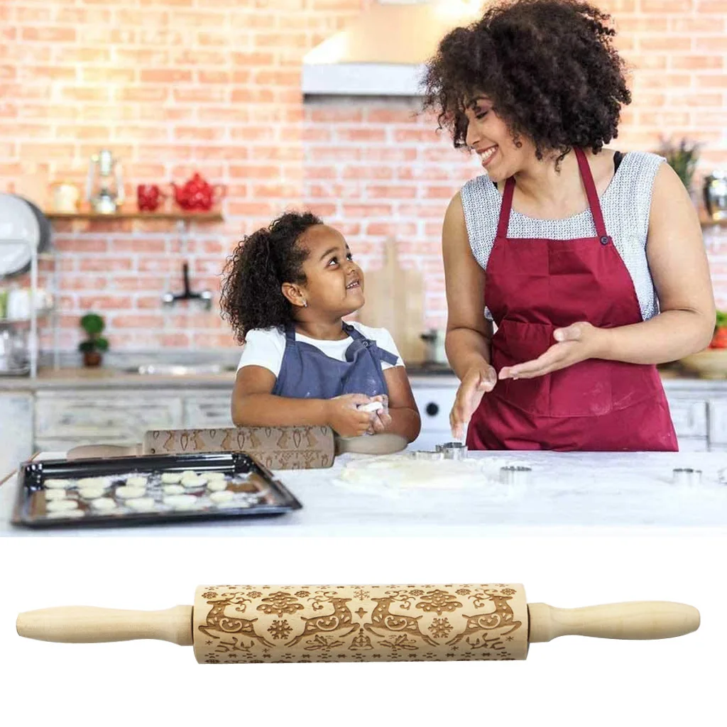 Christmas Elk Printed Rolling Pin Wooden Laser Engraved Embossed Rolling Pin Cookie Dough Stick Baking Biscuit Cake Roller35*4cm