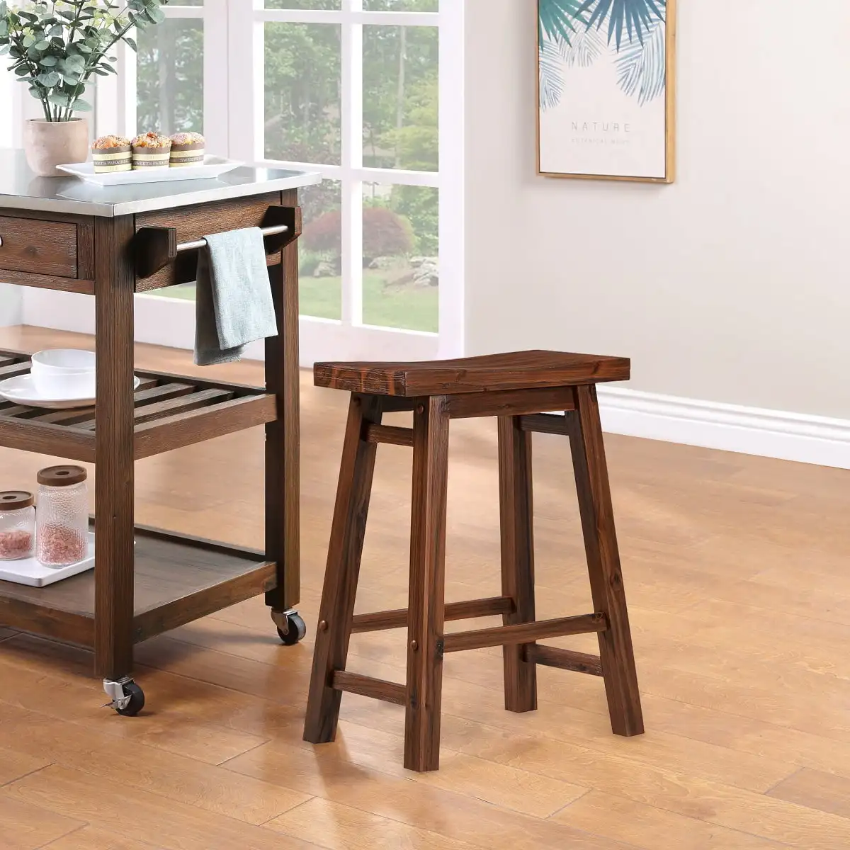 Backless Saddle Wood Stool, Chestnut Wire Brush Finish, Counter Height, Kitchen Bar