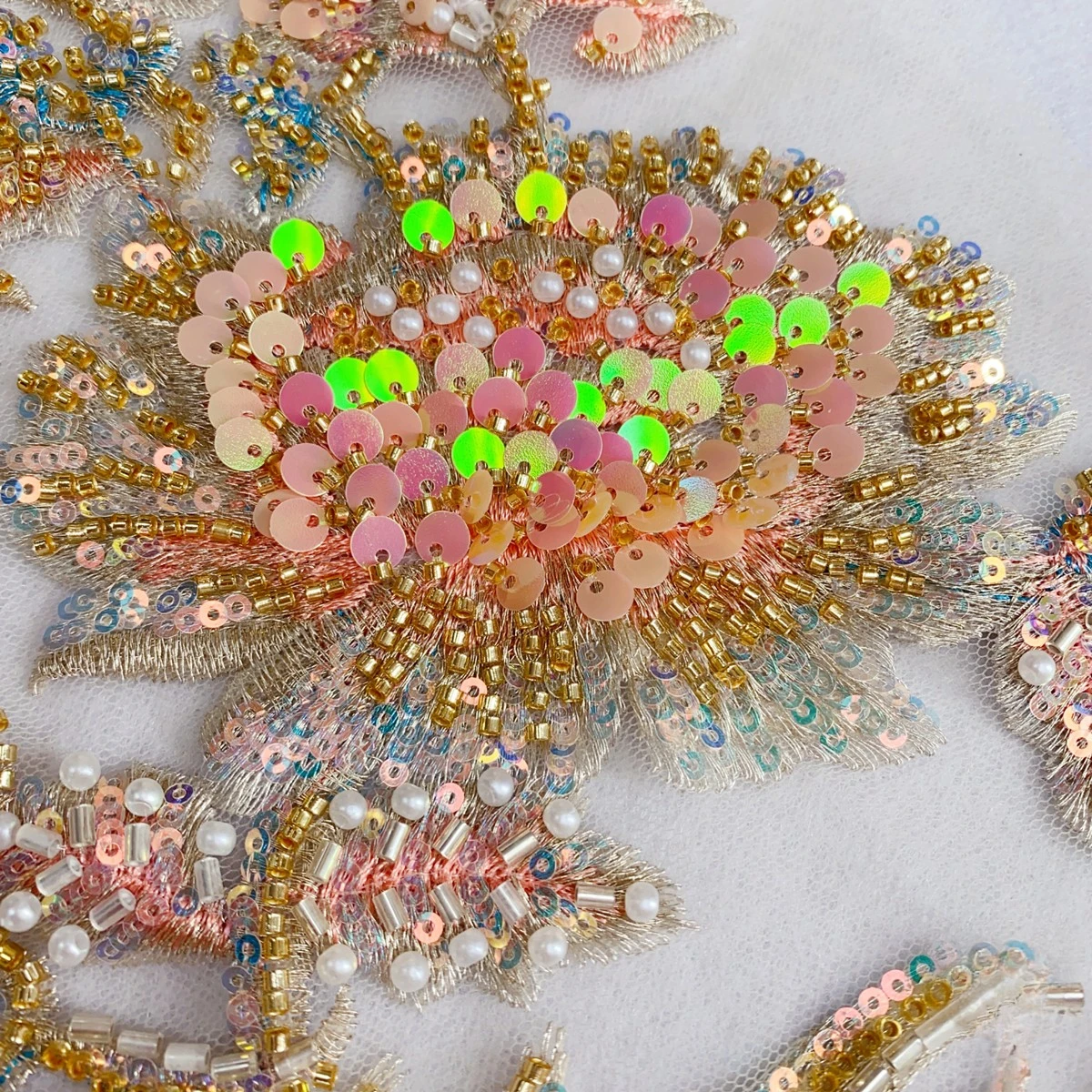 Peacock Shaped Pearl Lace Applique,Champagne, MultiColor Laser Sequin Performance Clothing, Shines Brightly Stage Party, RS24511