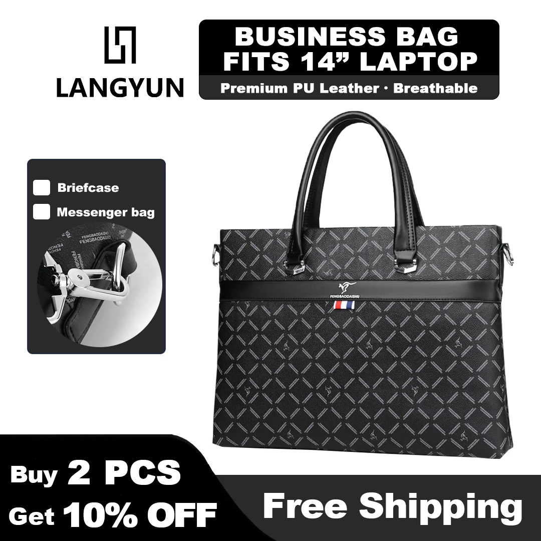 LANGYUN  Men's PVC Briefcase Large Capacity Waterproof Laptop Bag Fits 14 Laptop for Business Office