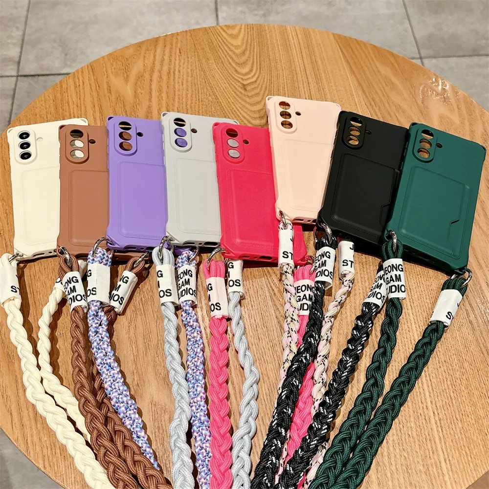 

Braided Crossbody Strap Lanyard Phone Case For Samsung Galaxy S25 S24 S23 S21 FE Plus S22 Ultra Wallet Card Bag Silicone Cover