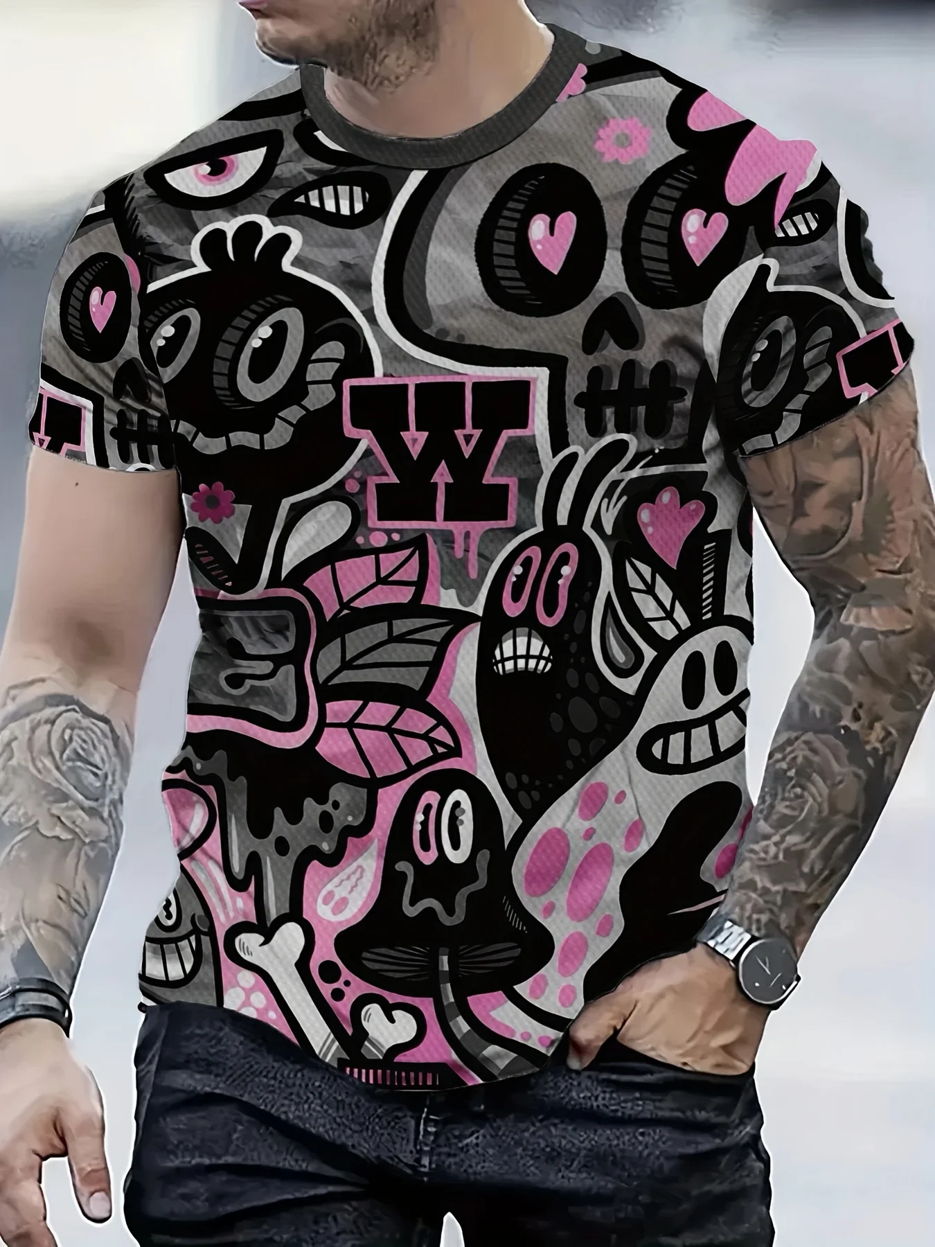 Men Pink Black Grey Graffiti Skull Ghost Heart Letter W Cartoon Full Print Crew Neck Short Sleeve Tee