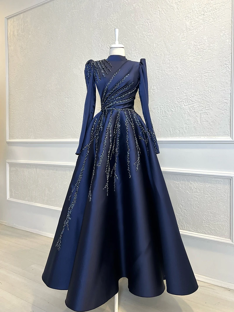 Navy Satin Beaded Long Sleeve Hijab Muslim Evening Dresses Moroccan Caftan High Neck Formal Party Ball Gown Robe De Soiree