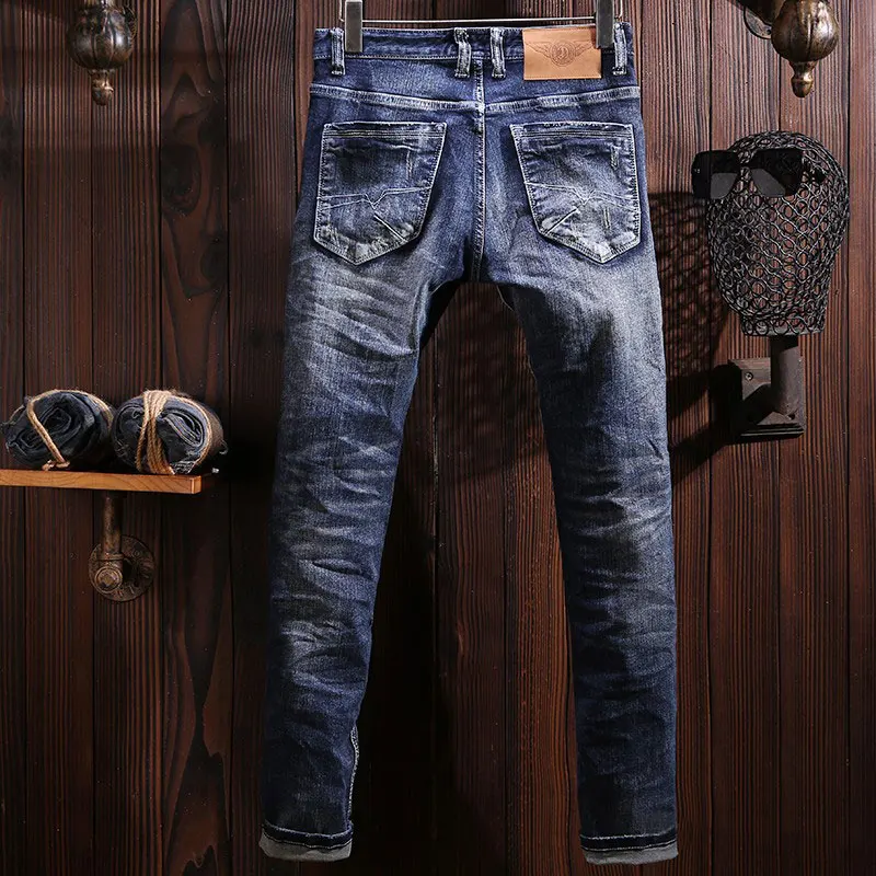 Fashion Designer Men Jeans High Quality Retro Blue Stretch Slim Fit Ripped Jeans Men Italian Style Vintage Denim Pants Hombre