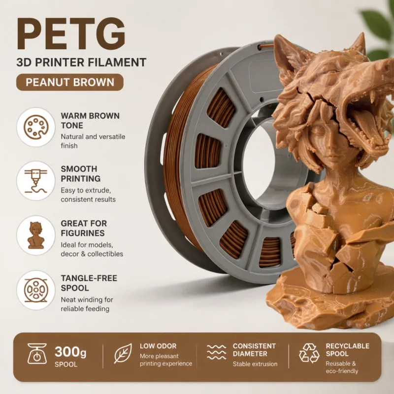 300g Warm Brown PETG Filament 1.75mm, High Toughness & Durable 3D Printer Filament, Tangle-Free Smooth Extrusion Compact Spool for Functional Parts and DIY Models