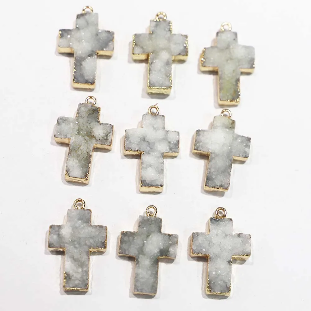 4pcs/lot New Selling Natural Stone White Agate Druzy Cross Pendant Men Women Unisex Charms DIY Fashion Jewelry Necklace Making