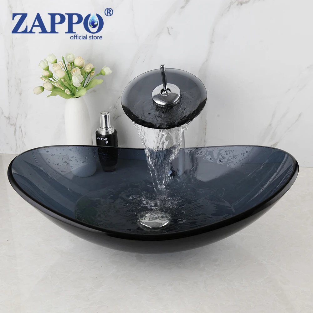 ZAPPO Grey Tempered Glass Sink Bathroom Waterfall Glass Basin Faucet Combine Brass Faucet Mixer Tap Round Washbasin Lavatory