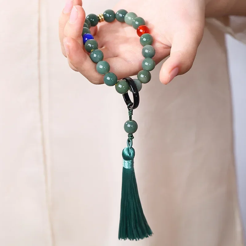 

Original Design of Natural Green Yin Skin Bodhi Root Bracelet with Vintage Buddha Beads Handheld Green Tassel Student Bangle