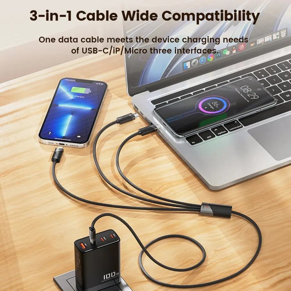 Toocki 3 in 1 USB C Cable 100W Type C Fast Cable Charging For iPhone 15 14 13 Huawei Honor Xiaomi 12 ViVo Oppo Micro Data Cord