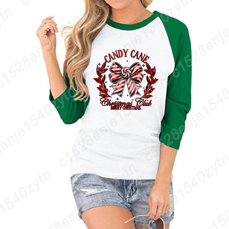 Candy Cane Christmas Club Merry Christmas Print Shirt Women Summer Round Neck T Shirt Fashion Casual Three Quarter Sleeve Shirts