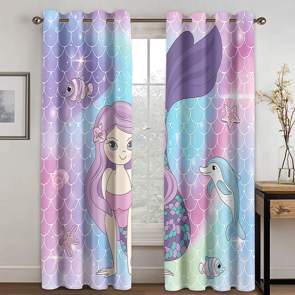 3D Cartoon Anime Movie Mermaid 2 Pieces Thin Window Drape Children's Curtain for Boy Girl Living Room Bedroom Decor