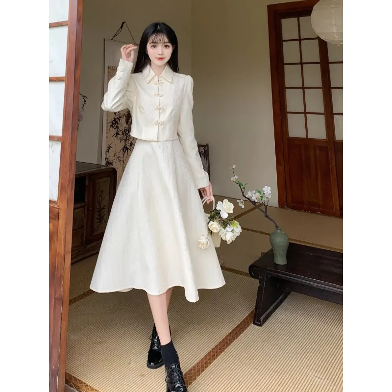 Insozkdg Autumn Winter Improved Qipao Dress Suits Waist-cinching Slimming Elegant Tweed Coat Strap Dress Fashion Two Piece Set