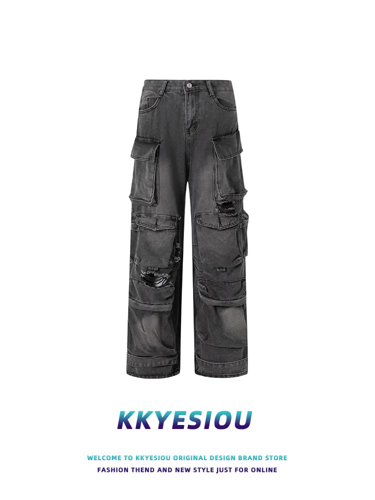 

KKyesiou Американский ретро-дизайн Джинсы с несколькими карманами Высокая талия Прямые брюки Оверсайз Хип-хоп Мужские женские повседневные хлопковые джинсы...
