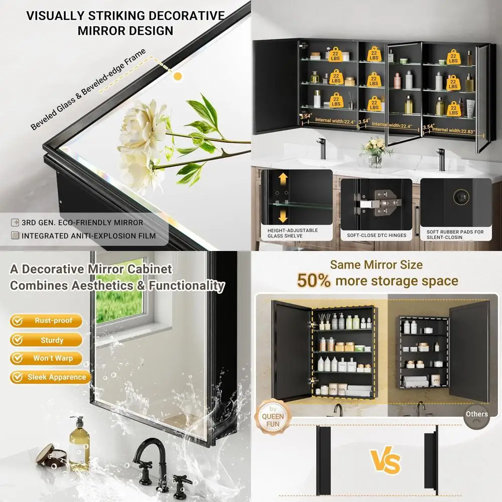 

72x30 Pre-Assembled Black Medicine Cabinet with Mirror, Surace or Reced Medicine Cabinet Mirror or Bathroom, Beveled e Bathroom