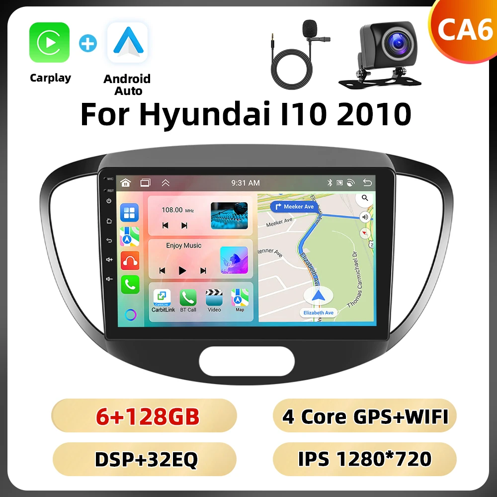 Podofo 8 + 128G 9 ''Autoradio Voor Hyundai I10 2010 Multimedia Speler Android Auto Carplay 8Core spiegel Link Bluetooth WIFI 4G RDS