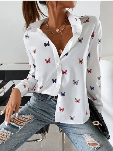 Women's Blouses 2025 Autumn Winter Latest Digital Printed Long Sleeve Shirt Butterfly Printed Shirt Flip Collar Cardigan Top