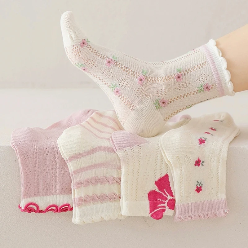 

5/10 Pairs Kids Flowers Mesh Socks Girls Korean Style Breathable High Resilience Soft Cute Trendy Ankle For Children Girls Socks