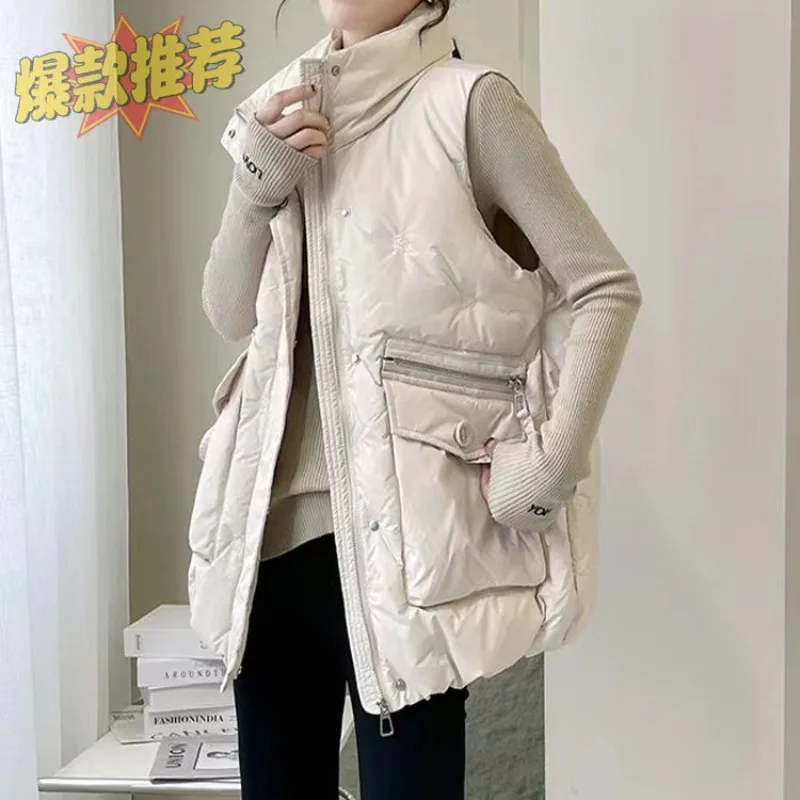 Women's Autumn Winter Down Cotton Vest Loose Fit Waistcoat Outerwear Fashionable Stylish Large Pockets Embroidery Waistcoat Vest