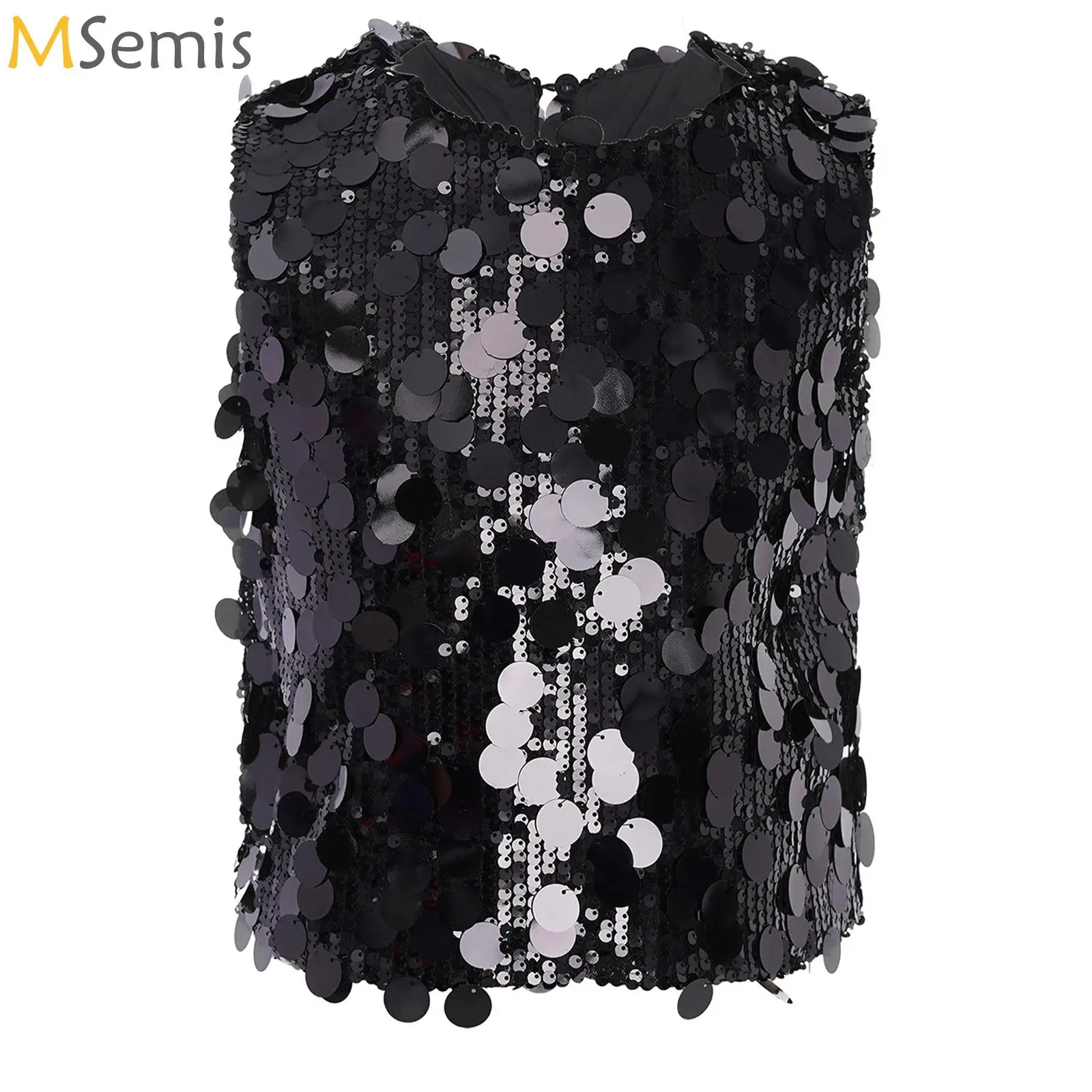 

Jazz Hip-hop Dance Tops for Kids Girls Sparkling Sequins Tank Top Sleeveless Athletic T-Shirts for Birthday Party Dance Stage