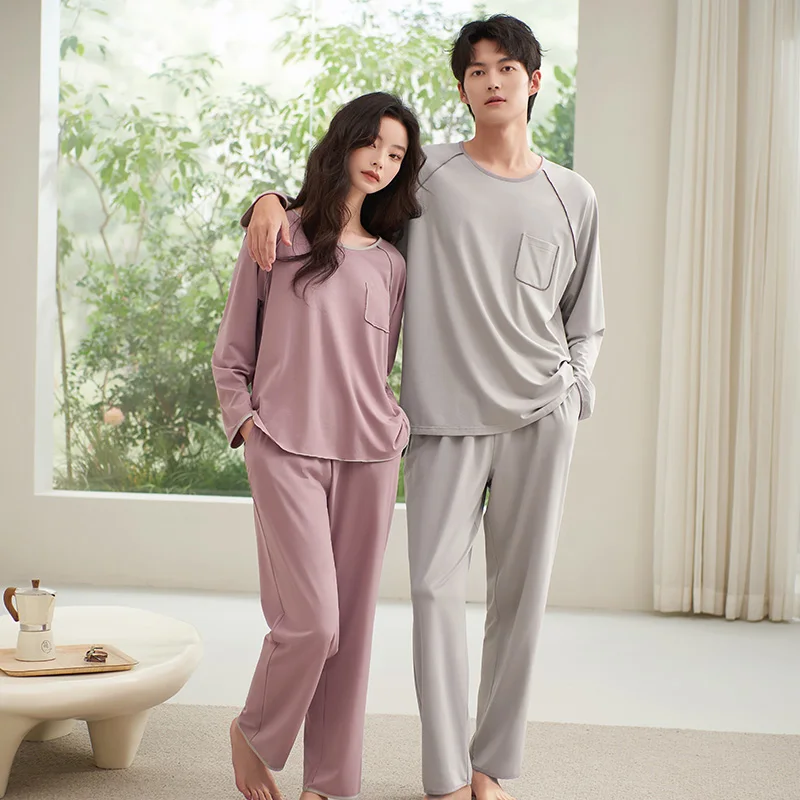 Pajamas For Couples Spring Simple Pure Color Comfortable Lady's Long Sleeve Long Pants Modal Leisure Home Clothes Nightwear Suit